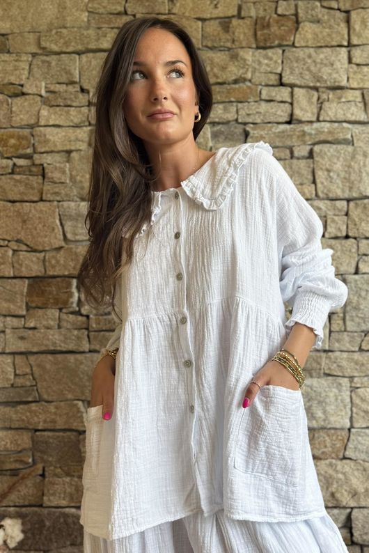 Annie Cushion Cotton Peter Pan Smock Blouse White